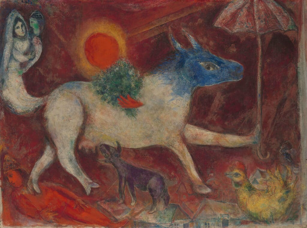 Marc Chagall, Die Kuh mit dem Sonnenschirm, 1946, Öl auf Leinwand, The Metropolitan Museum of Art, Nachlass von Richard S. Zeisler, 2007 (2007.247.3), © VG Bild-Kunst, Bonn 2022, Foto: bpk / The Metropolitan Museum of Art