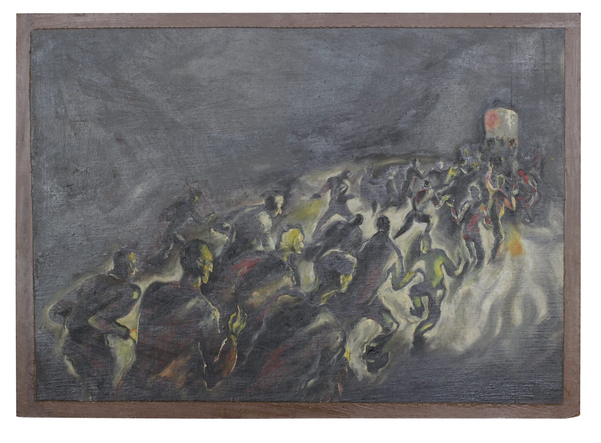 Boris Lurie: Prisoners Returning From Work, 1946-47, Oil on canvas mounted on masonite, 49,5 x 68,6 cm, BLAF.000320 © Boris Lurie Art Foundation