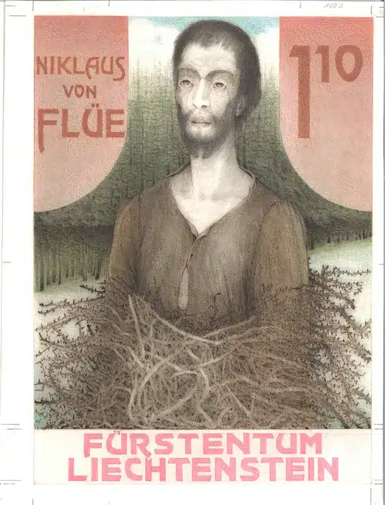 De la série "500e anniversaire de la mort de Nicolas de Flüe". 1987. dessin exécuté par Gerhard Gloser. Crayons de couleur, crayon, feutre. © Musée national du Liechtenstein