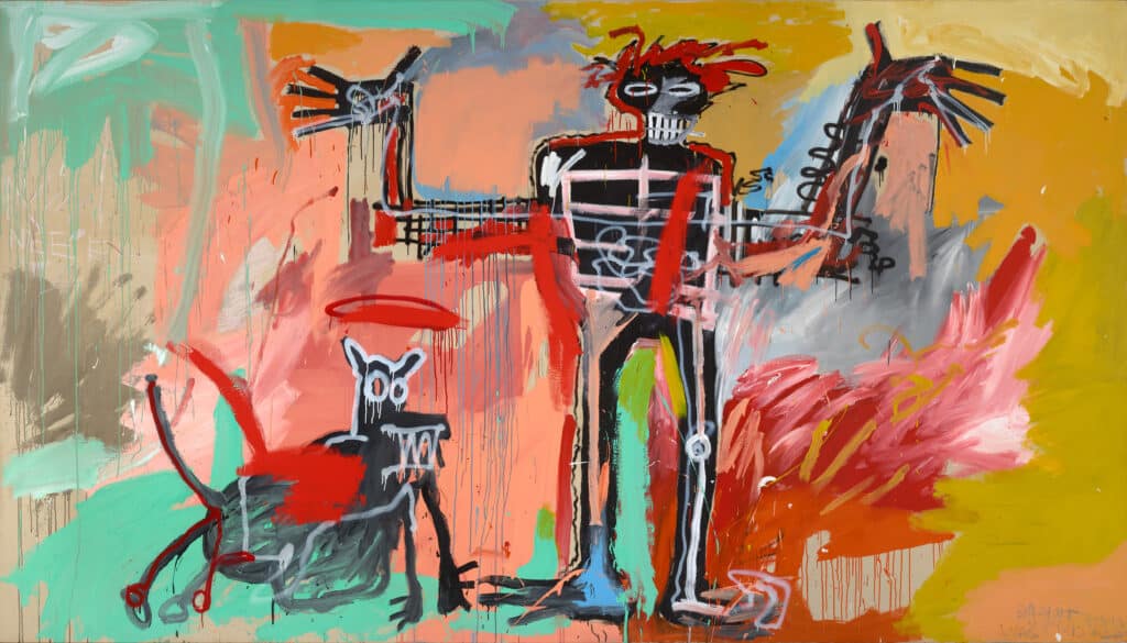Jean-Michel Basquiat, Boy and Dog in a Johnnypump, 1982, Acryl, Ölstift und Sprühfarbe auf Leinwand, Privatsammlung © Estate of Jean-Michel Basquiat. Licensed by Artestar, New York, Foto: Daniel Portnoy