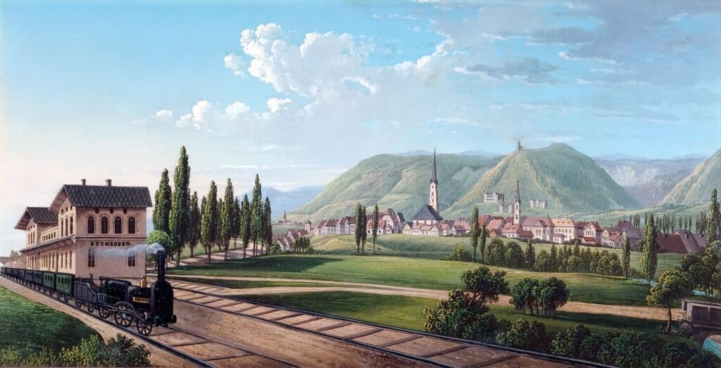 Darstellung des Bahnhofs von Edenkoben von Richard Höfle, um 1856, ölhaltige Malfarbe auf Zinkblech © Historisches Museum der Pfalz Speyer