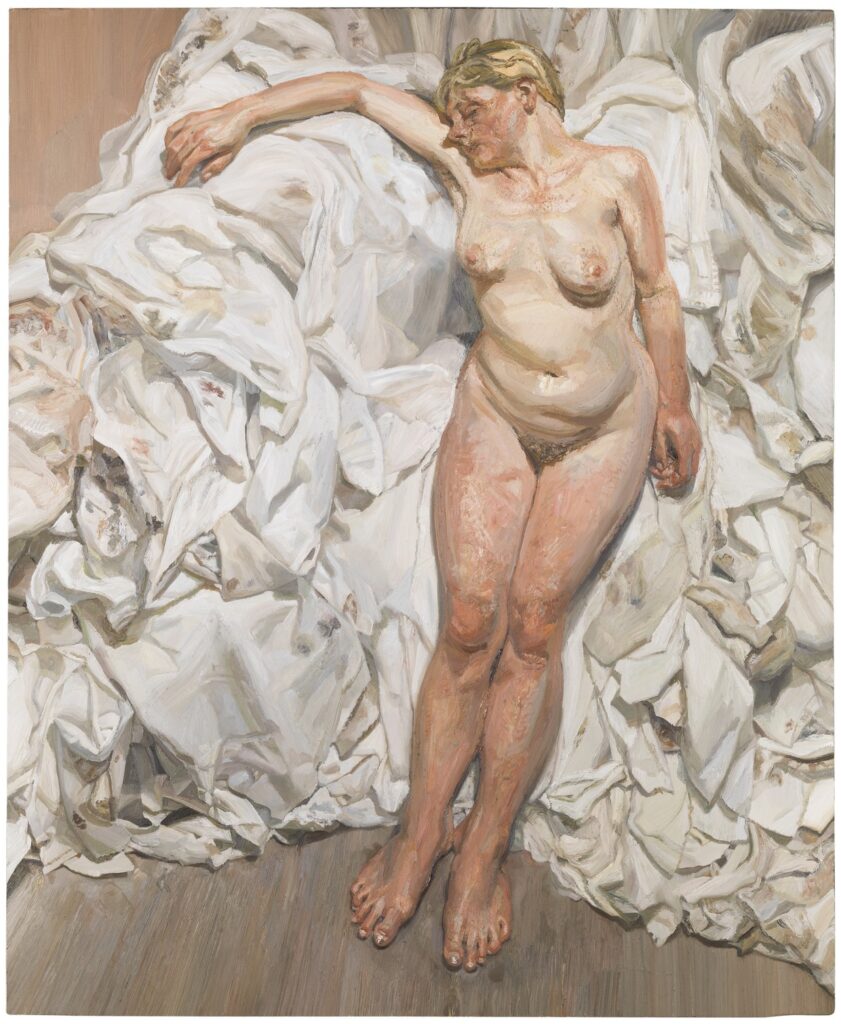 Lucian Freud, Bei den Lappen stehend (Standing by the Rags), 1988/1989 Tate. Purchased with assistance from the Art Fund, the Friends of the Tate Gallery and anonymous donors 1990 © The Lucian Freud Archive. All Rights Reserved 2023 / Bridgeman Images, Photo: Tate