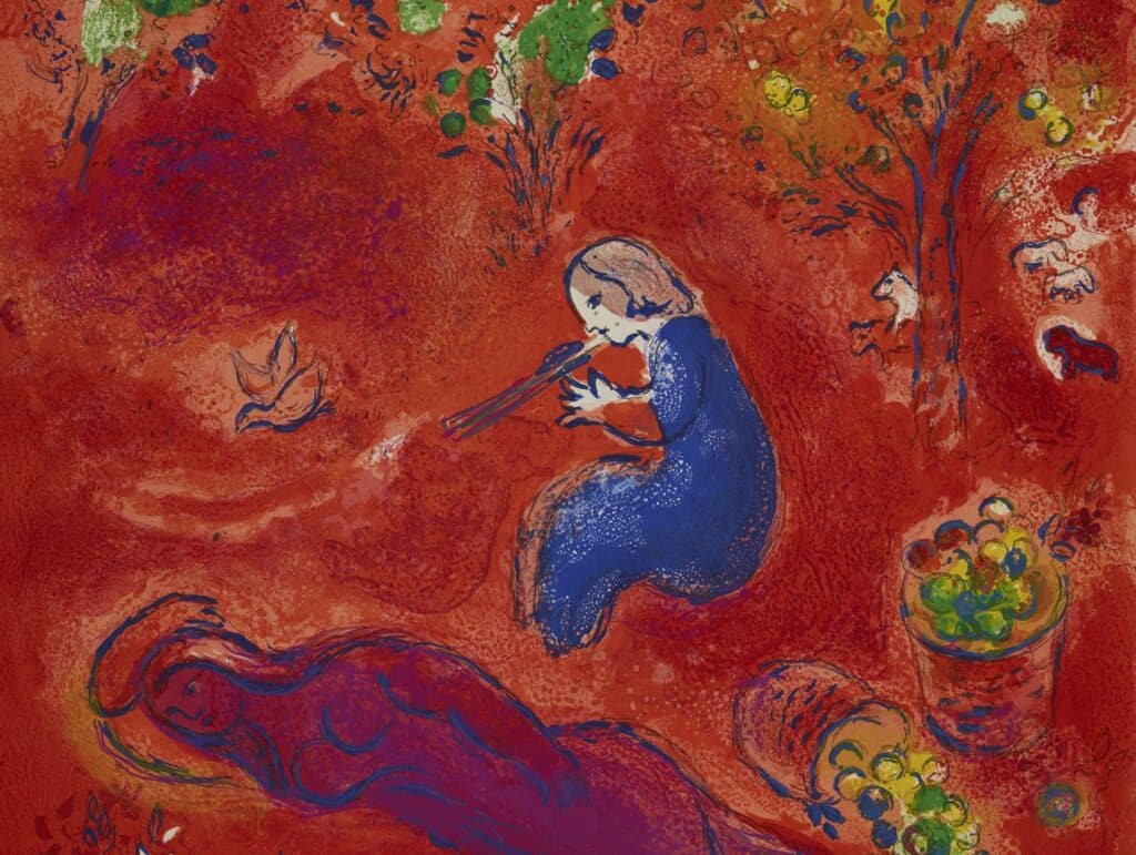 Marc Chagall, A midi, l’été (Mittags, der Sommer), 1961, Blatt 11 aus dem, Portfolio Daphnis et Chloé, Farblithografie, © VG Bild-Kunst, Bonn 2023 Foto: Museum Folkwang, Essen