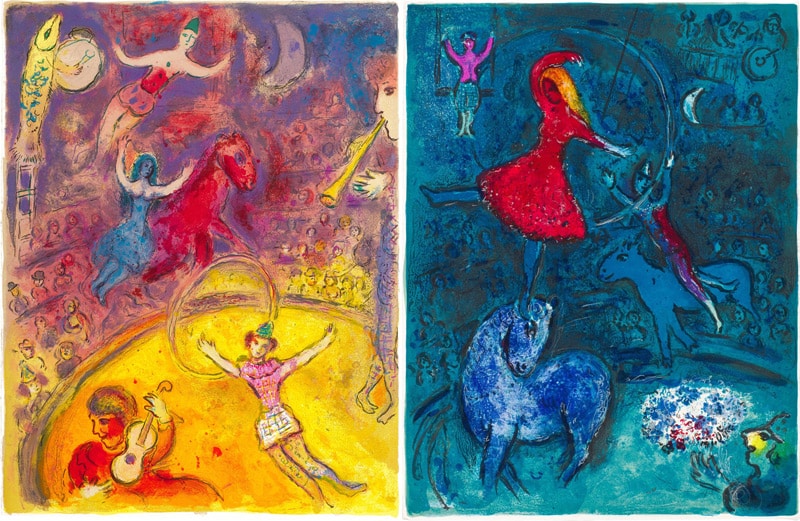 Marc Chagall, 2 Blätter aus dem Mappenwerk „Le Cirque“, 1967, Lithografien. | © Bildrecht, Wien 2024.
