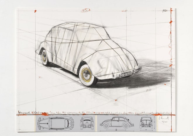 Christo &amp; Jeanne-Claude, Wrapped Volkswagen, Project for 1961 Volkswagen Beetle Saloon, 2013, collage / graphic, © Christo Estate / Galerie Breckner GmbH