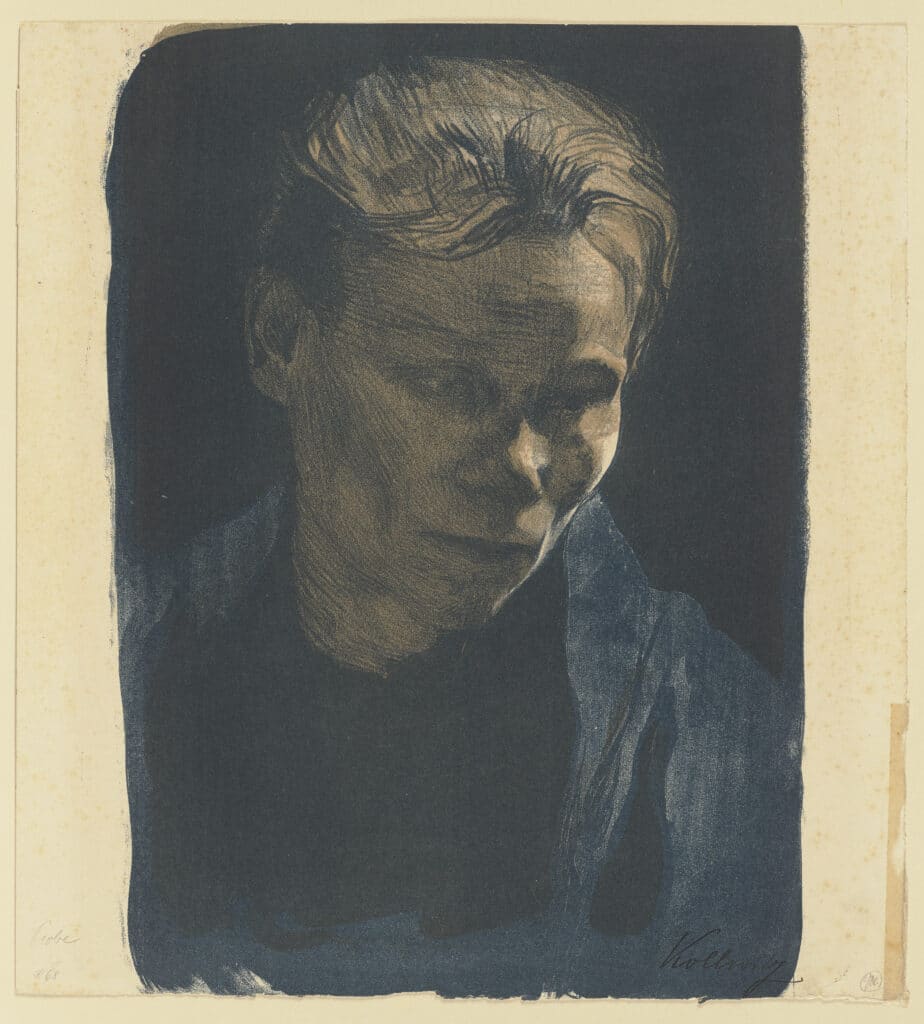 Käthe Kollwitz, bust of a worker's wife with a blue cloth, 1903, chalk and brush lithograph with scrapers in a drawing stone in two colours (blue and brown) on vellum paper, Städel Museum, Frankfurt am Main