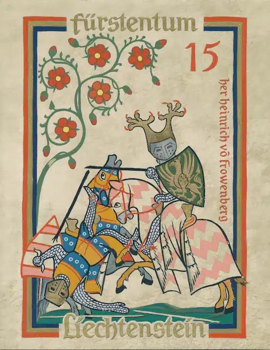 „Heinrich von Frauenberg” aus der Serie „Minnesänger (I)”. Ausgeführter Entwurf nach Originalen der Manessischen Liederhandschrift, 1961. © Liechtensteinisches 