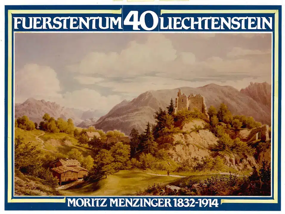 „Neu-Schellenberg (1861); Gemälde von Moriz Menzinger (1832–1914)” aus der Serie „Burgen in Liechtenstein”. Ausgeführter Entwurf von Hans Peter Gassner, 1982. © Liechtensteinisches LandesMuseum