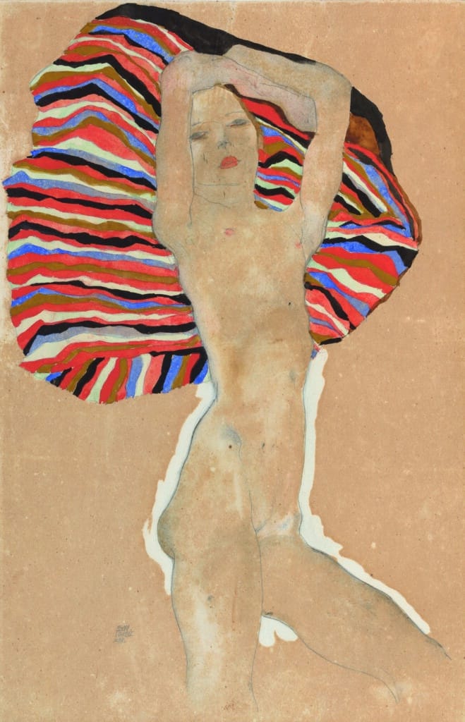 Egon Schiele, Mädchenakt gegen farbiges Tuch, 1911.Privatbesitz