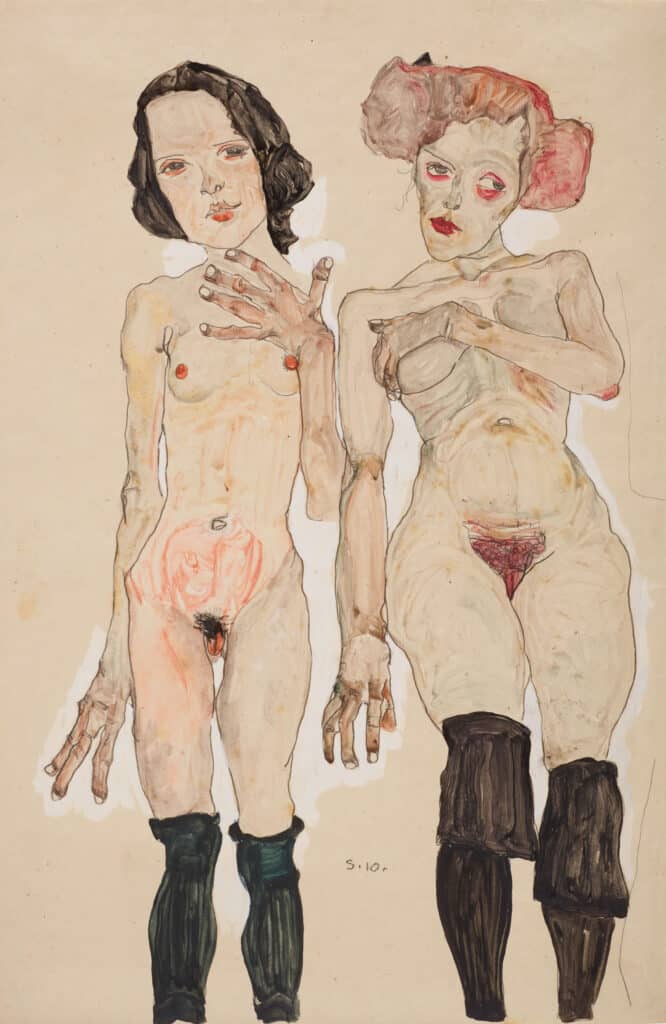 Egon Schiele, Zwei nackte Mädchen mit schwarzen Strümpfen, 1910, Privatbesitz