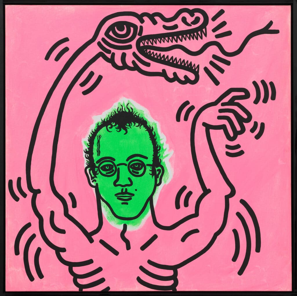 Keith Haring, Ohne Titel (Selbstporträt), 1985, Acryl auf Leinwand, Udo und Anette Brandhorst Sammlung © The Keith Haring Foundation, Foto: Haydar Koyupinar, Bayerische Staatsgemäldesammlungen, Museum Brandhorst, München
