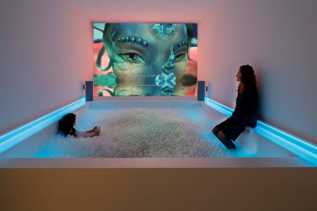 Keiken, Morphogenic Angels, 2023, HD PC game with Xbox controller, duration approx. 50-70 min, installation view, Choose your Player, © Zeppelin Museum Friedrichshafen, Photo: Markus Tretter 