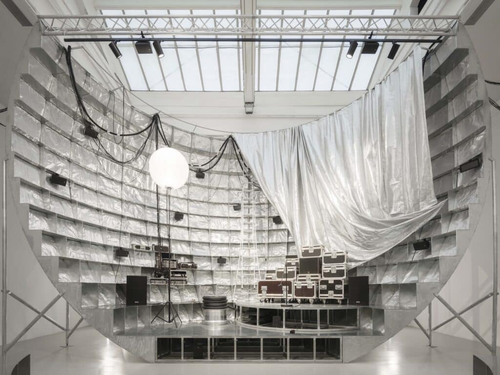 Muoto architectes &amp; Georgi Stanishev + Clémence La Sagna, Ball Theater - La fête n'est pas finie, 2023, steel, other materials, installation view, 18th Venice Architecture Biennale, © Muoto architectes &amp; Georgi Stanishev, Photo: Schnepp Renou 