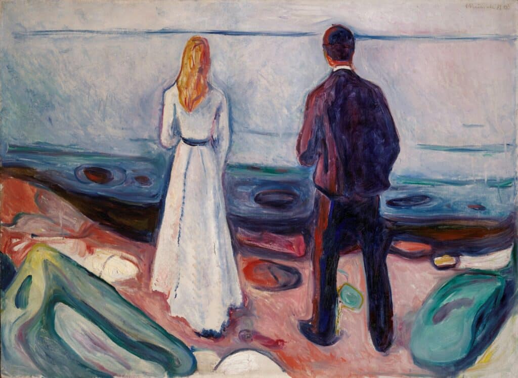 „Edvard Munch. Angst”: Edvard Munch, Vampir, 1895, Lithografie, von Hand koloriert, Von der Heydt-Museum Wuppertal, Foto: Medienzentrum Wuppertal