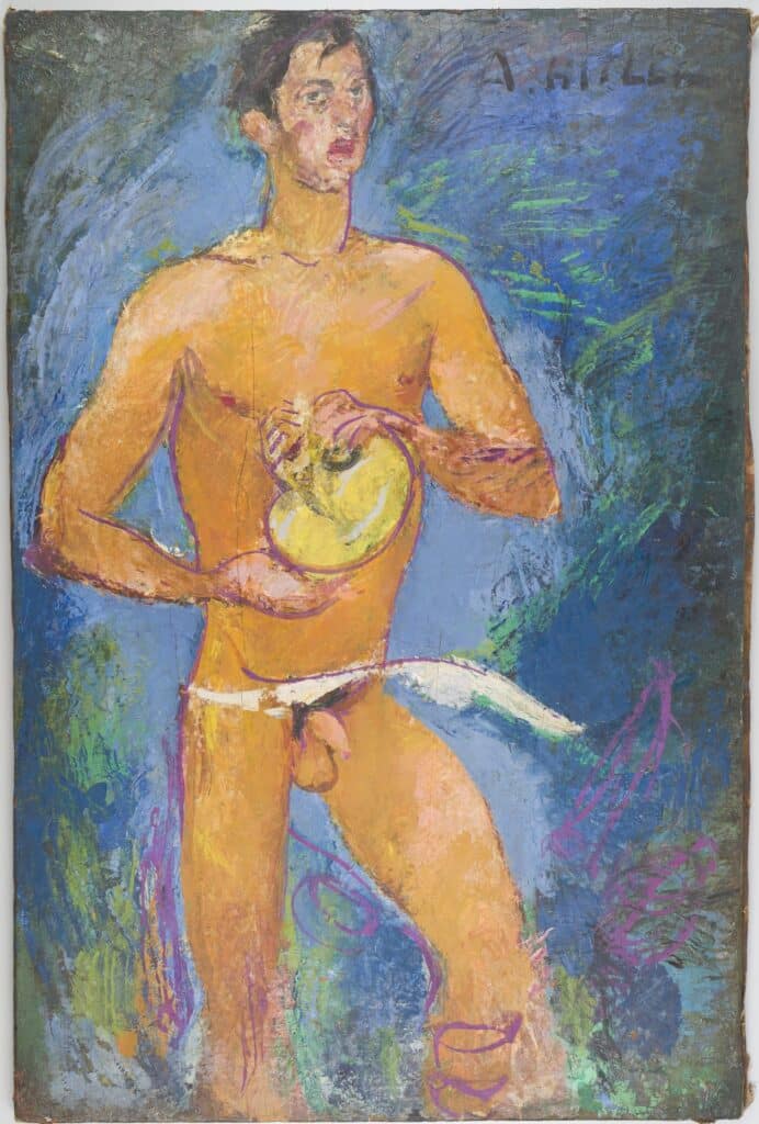 Anton Kolig, A. Hitler (Adolf Hitler als Kegelscheiber), Öl auf Leinwand auf Holz, 1948, Universität für angewandte Kunst Wien, Oskar Kokoschka Zentrum © Bildrecht, Wien 2025