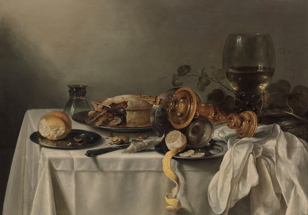 Pieter Claesz (1597/98–1660), Stillleben mit Früchtepastete, Silbertazza, vergoldetem Deckelpokal und „Römer“ (Weinglas), 1637, Öl auf Holz, Kunst Museum Winterthur, Schenkung der Stiftung Jakob Briner, 2018 © Kunst Museum Winterthur