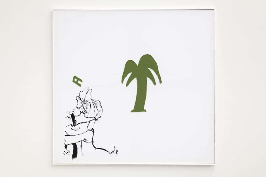 Cosima von Bonin: How To Decorate Without Going Broke 1, 2024, Wolle, Baumwolle, Acryl145 × 150,5 × 3 cm, Foto: Stefan Korte © Cosima von Bonin, Courtesy die Künstlerin und Galerie Neu, Berlin