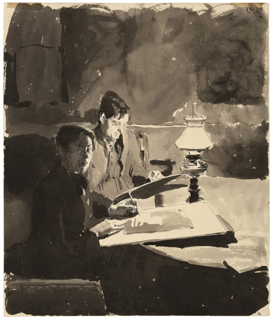 Käthe Schmidt (Kollwitz), Self-portrait with fellow student, 1889, pen and brush and ink on thick wove paper, Käthe Kollwitz Museum Cologne, acquired 2020 / November 2023 by the St. Etienne Foundation, New York