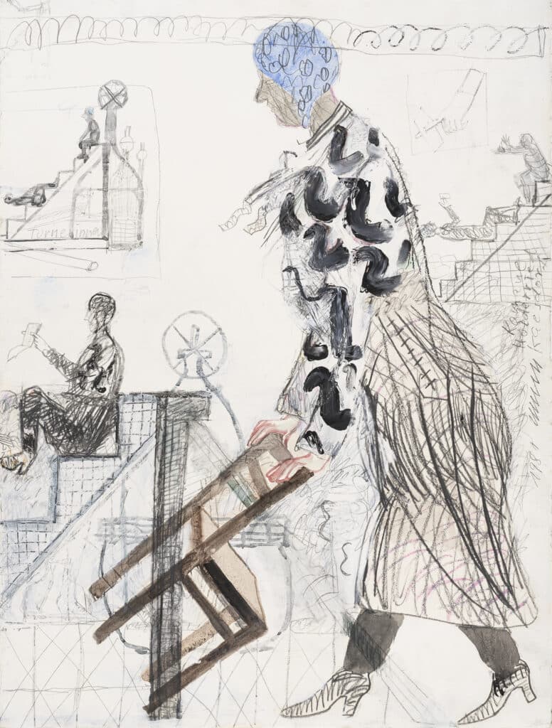 Romane Holderried Kaesdorf, 1 Frau schiebt den Stuhl, am Rand Turnerinnen,1980, Mischtechnik auf Papier, Kunstmuseum Stuttgart © Nachlass Romane Holderried Kaesdorf / Foto: Frank Kleinbach, Stuttgart