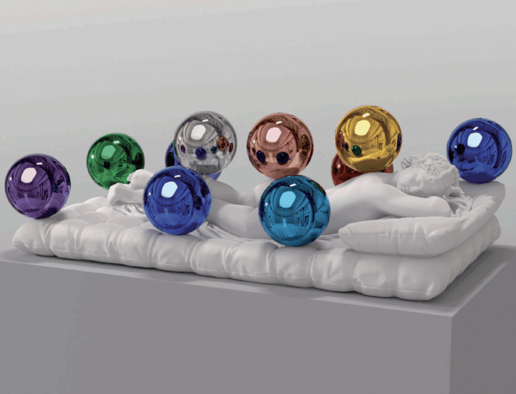 Jeff Koons, (Sleeping Hermaphrodite) Gazing Balls, 2025, Gips und Glas, 60,6 x 179,5 x 100,3 cm, Edition 1 of an edition of 3 plus 1 AP © Jeff Koons