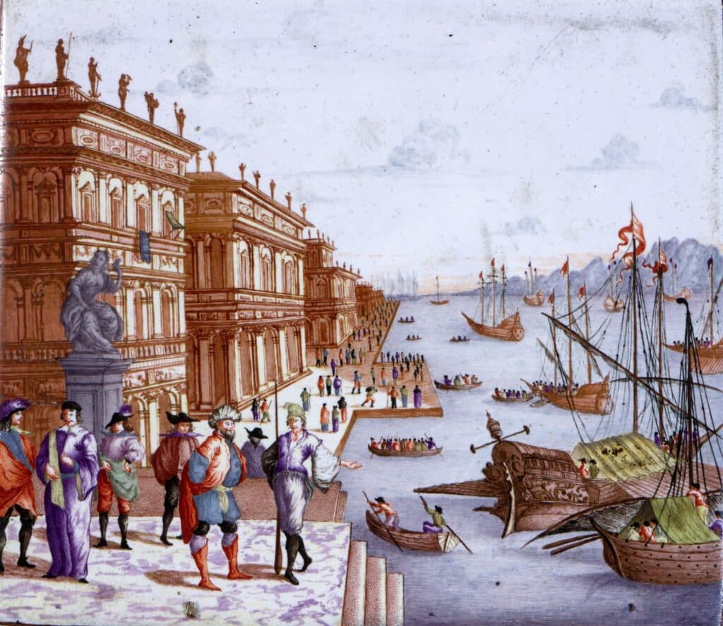 Bildplatte mit Venedigansicht, Künersberg, Johann Georg Rupprecht zugeschrieben, um 1770, Fayence, Foto: Wolf © Museen der Stadt Bamberg