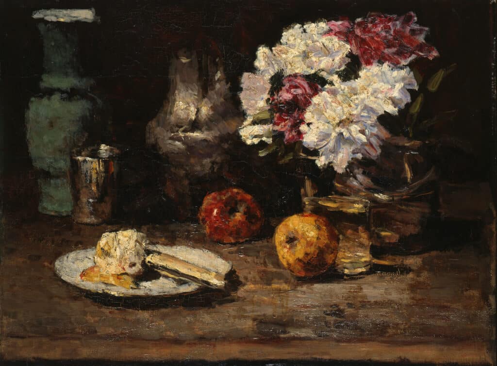 Carl Schuch, The Rhododendron Basket ("The Green Jug"), 1886-1894, oil on canvas, Staatliche Kunstsammlungen, Gemäldegalerie Neue Meister, Dresden © Albertinum | GNM, Staatliche Kunstsammlungen Dresden / Jürgen Karpinski