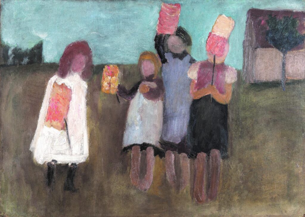 Paula Modersohn-Becker, Kinder mit Laternen vor Haus, um 1901, Leihgabe ausPrivatbesitz © Kunsthandel Wolfgang Werner Bremen/Berlin