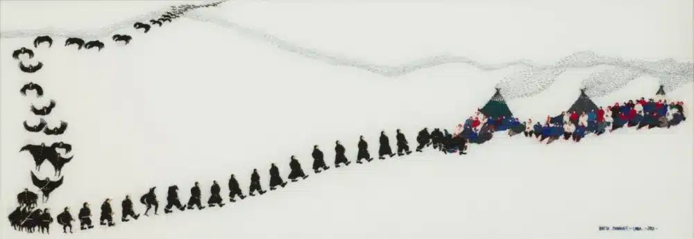 Britta Marakatt-Labba – Stitched Tracks, Garjját | The Crows 1981, hand embroidery on linen, 41 × 102 cm. © Courtesy of the artist and KORO – Public Art Norway, Oslo