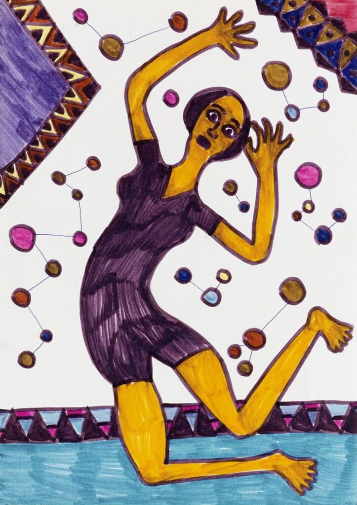 Adelheid Duvanel, Untitled (Floating/Falling Woman), 1984, felt-tip pen on paper © open art museum, Foundation for Swiss Naïve Art and Art Brut, St. Gallen