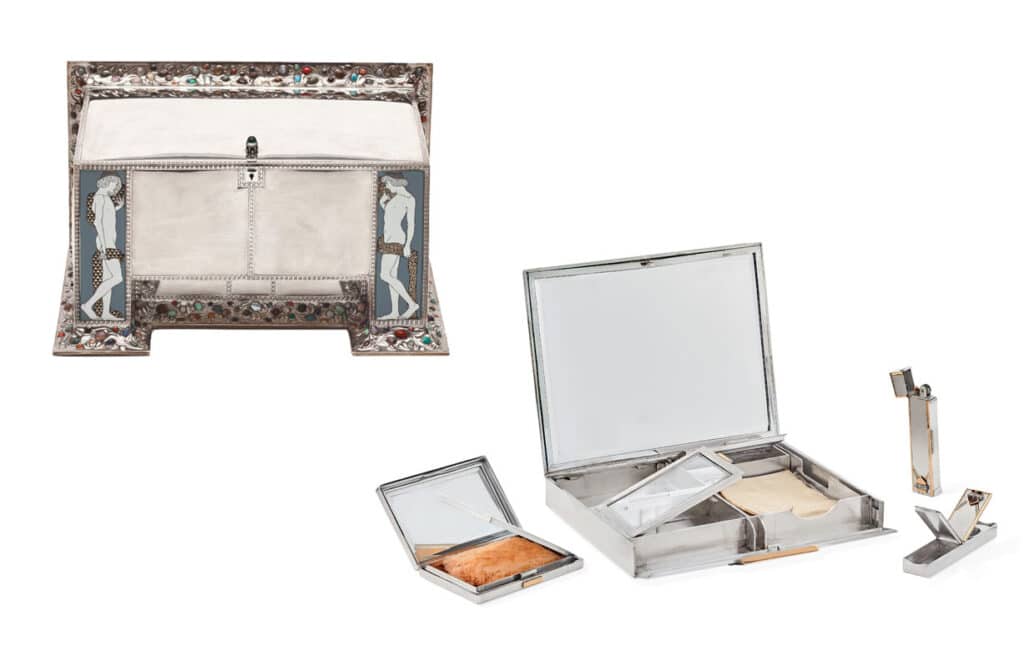Architektur: links: Koloman Moser, Prunkkassette, 1906, Ausführung: Wiener Werkstätte Silber, Email, Holz, Halbedelsteine MAK © MAK/Georg Mayer rechts: Minaudière, 1935, Stryptor, Gelbgold, Silber, Diamanten © Van Cleef & Arpels Collection