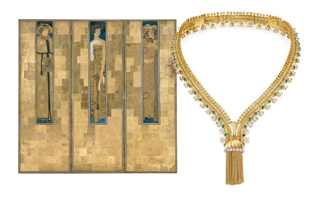 Metamorphose:links: Koloman Moser, Paravent, 1906, Ausführung: Wiener Werkstätte/Karl Beitel/Therese Trethan Holz, Gold- und Tunkpapier, Borte MAK © MAK/Georg Mayer Rechts: Collier Zip, 1955, Verwandelbar in ein Armband, Gelbgold, Platin, Smaragde, Diamanten © Van Cleef & Arpels Collection