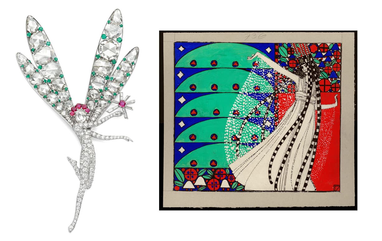 Bühne Frei: links: Little Winged Fairy Clip, später Spirit of Beauty genannt, 1941, Platin, Gold, Smaragde, Rubine, Diamanten © Van Cleef & Arpels Collection rechts: Fritz Zeymer, Illustration für das 1. Programmheft des Cabaret Fledermaus, 1907 Gouache MAK © MAK/Georg Mayer