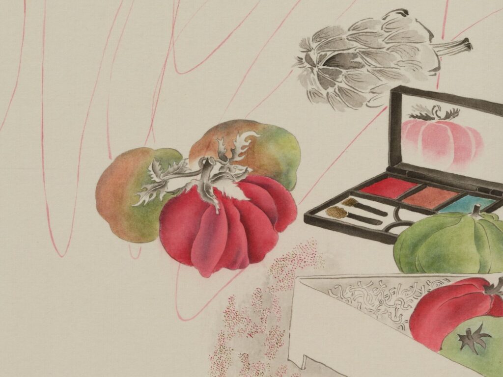 Evelyn Taocheng Wang, Bolzano Red and Green Tomato and Eyeshadow , 2025–2026 (Detail). Mineralfarbe, Kalligrafietinte, Seide, Xuan-Papier, auf Holzplatte montiert. 40 × 40 × 2,5 cm. © Evelyn Taocheng Wang 2026, mit freundlicher Genehmigung der Künstlerin; Antenna Space, Shanghai; Carlos/Ishikawa, London. Foto: Junli Chen.