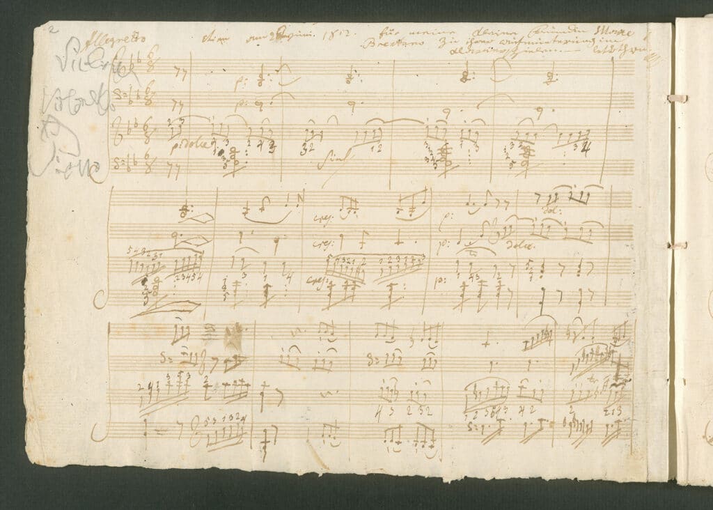 Eigenhändige Widmung von Beethoven für Maximiliane Brentano auf dem Autograph des Klaviertrios B-Dur WoO 39: "Vien am 26ten Juni. 1812. für meine kleine Freundin Maxe Brentano zu ihrer Aufmunterung im Klawierspielen. - lvBthwn."; Beethoven-Haus Bonn