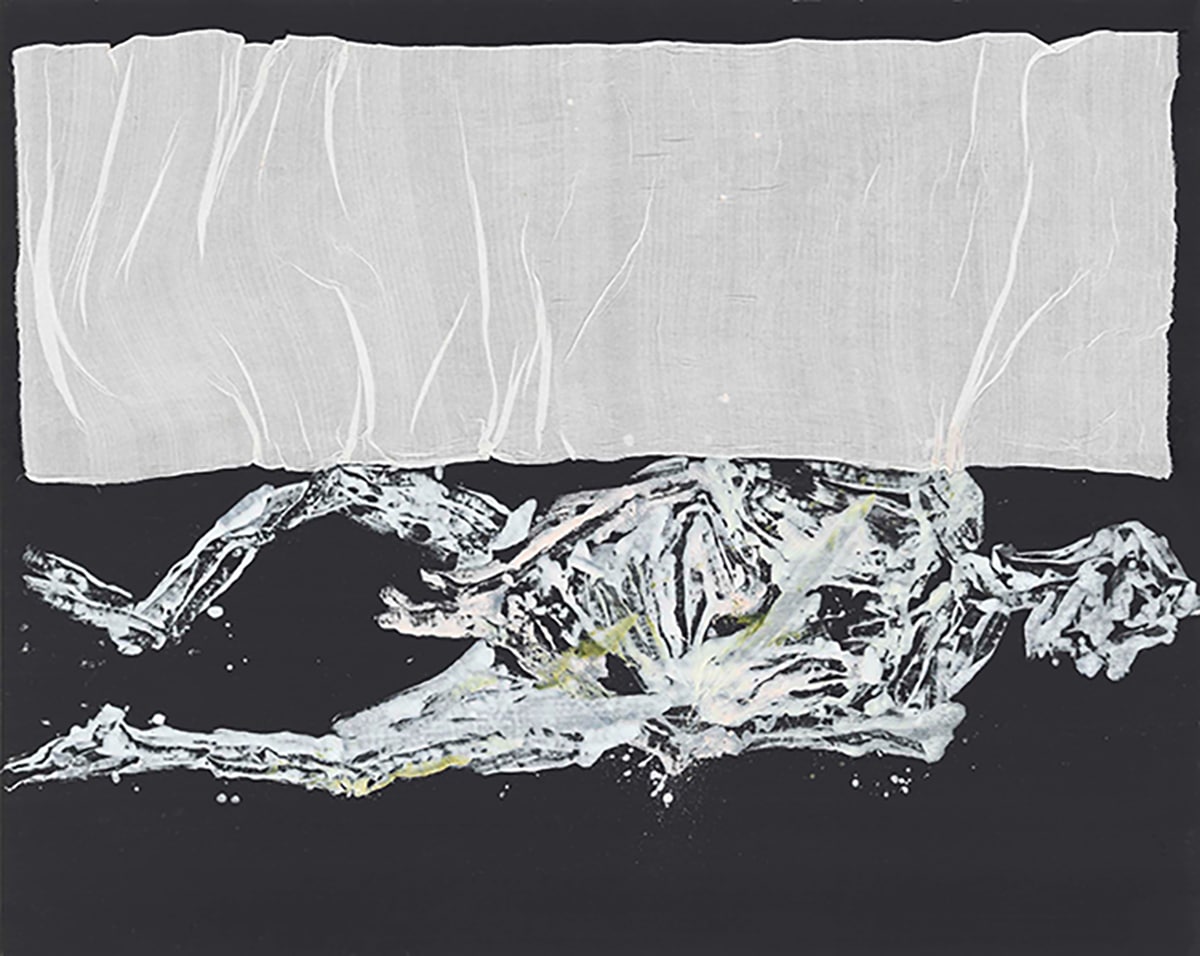 „BASELITZ JETZT”, Ausstellung im Museum der Moderne Salzburg: Georg Baselitz, weisses Bett, weiss, 2022, Öl, Dispersionsklebstoff und Stoff auf Leinwand © Georg Baselitz, 2025, Foto Jochen Littjemann