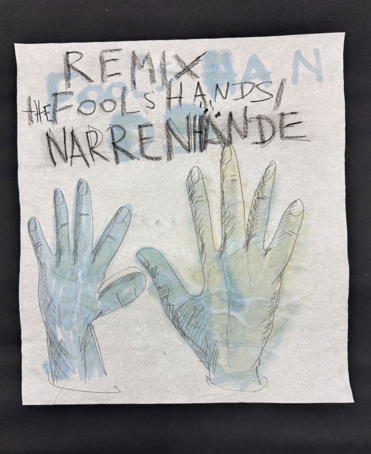 Günther Kempf, „REMIX Fools Hans/Narrenhände”, 2026, Mischtechnik auf Papier © Günther Kempf, Foto: Bilddokumentation Stadt Regensburg