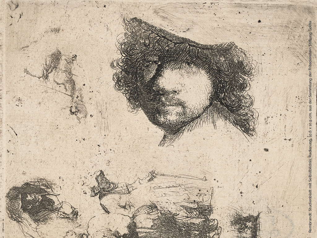 Rembrandt, Studienblatt mit Selbstbildnis (1632), Radierung, Friedenstein Stiftung Gotha