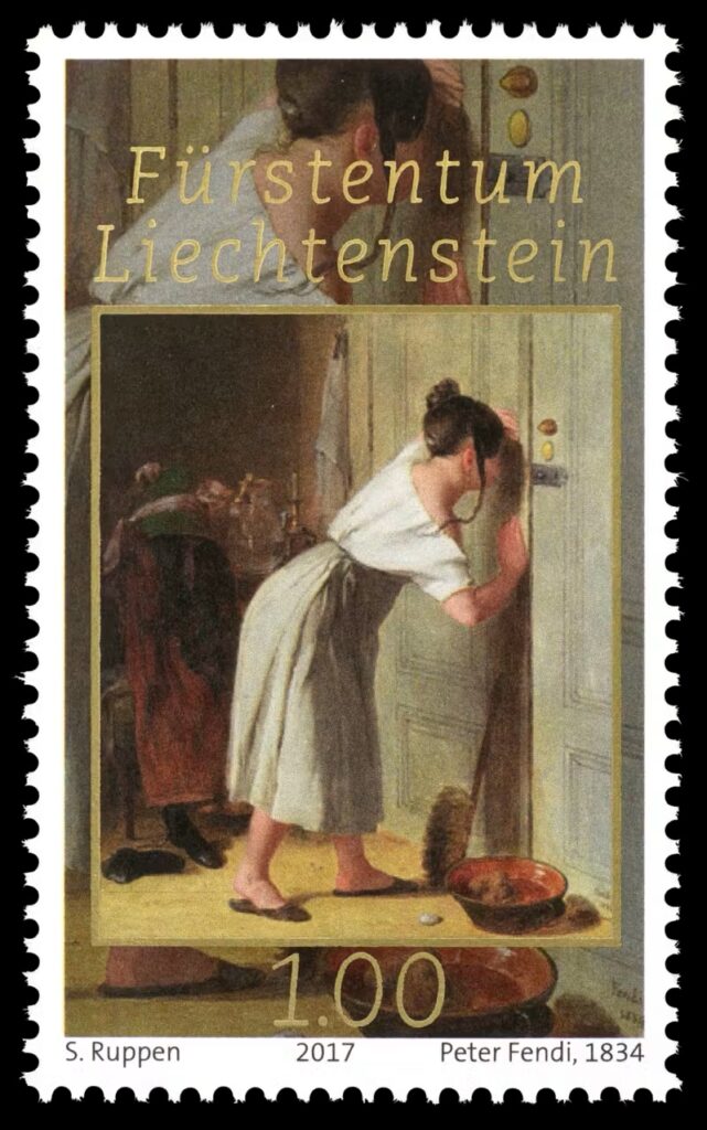 Briefmarke „Das vorsichtige Stubenmädchen”; Gemälde von Peter Fendi (1796–1842), österreichischer Maler. Fürstliche Schätze (VII) – Peter Fendi, 2017 © Philatelie Liechtenstein