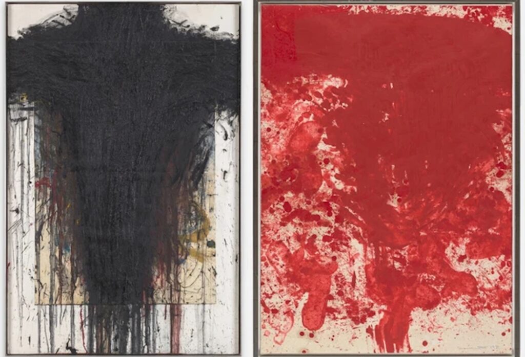 links: Arnulf Rainer, Kreuz, 1982, Landessammlungen NÖ – Sammlung Zambo, Deutschland, © Arnulf Rainerrechts: Hermann Nitsch, Wachsbild, 1958/59, Sammlung Dolezal, © Bildrecht, Wien 2026, Foto: Christoph Fuchs, Wien
